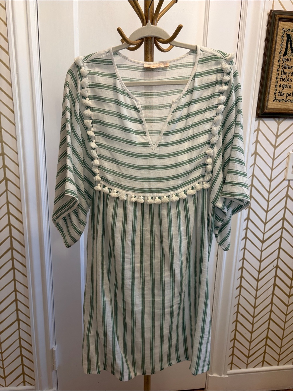 Tory Burch Green and White Striped Tassel-Trim Coverup
